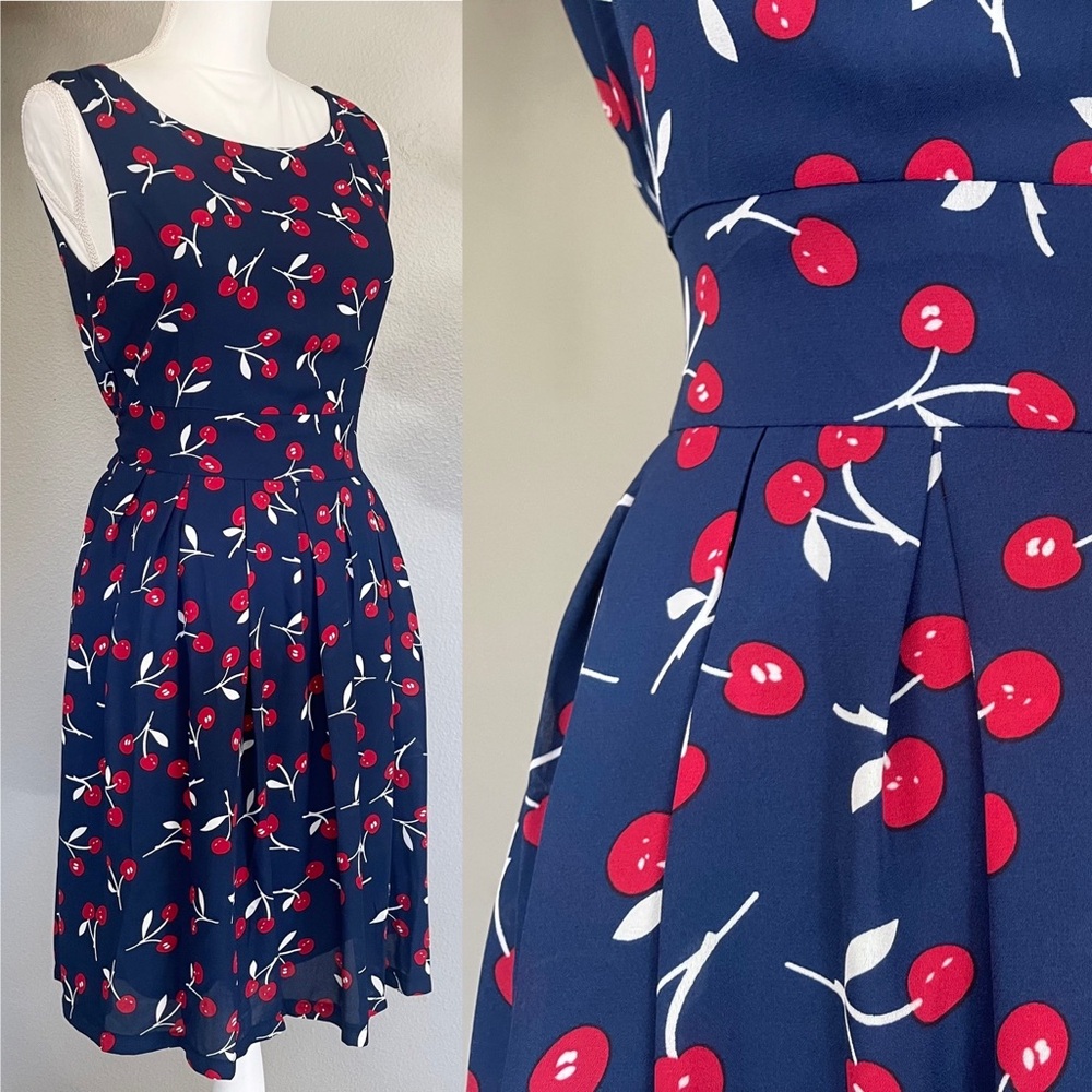 L.A. Soul Rockabilly Cherry Pattern Blue A-line Sleeveless Knee Length Dress